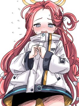 1girl @_@ blue_archive blue_eyes blush bow braid commentary_request cowboy_shot flying_sweatdrops forehead furrowed_brow gluteal_fold hair_bow halo highres jacket long_hair long_sleeves looking_down multiple_hair_bows no_pants nose_blush one_side_up open_mouth partial_commentary red_hair shadow_censor simple_background solo sweat tachikaze_miyako two-sided_fabric two-sided_jacket very_long_hair wavy_mouth white_background white_bow white_jacket yellow_halo yellow_jacket yuzu_(blue_archive)