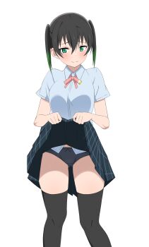 Rule 34 | 1girl, black hair, black panties, black skirt, black thighhighs, blue shirt, clothes lift, collared shirt, commentary request, goa1126, gradient hair, green hair, hair between eyes, highres, lifting own clothes, love live!, love live! nijigasaki high school idol club, medium hair, multicolored hair, nijigasaki school uniform, panties, pleated skirt, school uniform, shirt, shirt lift, shirt tucked in, short sleeves, sidelocks, simple background, skirt, solo, standing, takasaki yu, thighhighs, twintails, underwear, white background