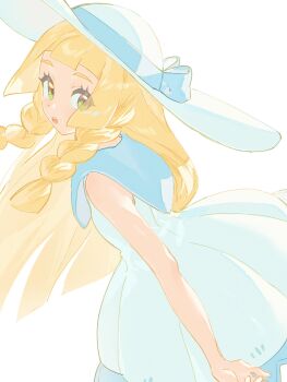 1girl blonde_hair blunt_bangs blush braid collared_dress dress fua1heyvot4ifsr green_eyes hat highres lillie_(pokemon) long_hair looking_back nintendo pokemon pokemon_sm simple_background sleeveless sleeveless_dress solo sun_hat sundress twin_braids white_background white_dress white_hat