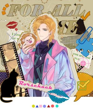 Rule 34 | 1boy, alternate costume, aqua eyes, bandaid, bandaid on face, black shirt, blank speech bubble, blonde hair, blue jacket, border, brown background, cat, character name, checkmark, chinese commentary, circle, collage (medium), colored speech bubble, commentary request, contrast lapels, copyright name, crosshair, curtained hair, dog tags, earrings, english text, film strip, halftone, halftone background, highres, holding, holding stuffed toy, jacket, jewelry, lapels, lars rorschach, letterboxed, lined paper, lipstick mark, long sleeves, looking at viewer, lovebrush chronicles, male focus, medium hair, multicolored jacket, notice lines, outline, paperclip, parted bangs, parted lips, pink jacket, shirt, smile, solo, sparkle, speech bubble, square, star (symbol), stuffed animal, stuffed lion, stuffed toy, torn paper, triangle, turtleneck, turtleneck shirt, two-tone jacket, upper body, white border, xuedaixun, zoom layer