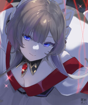 1girl blue_eyes breasts brown_hair cleavage closed_mouth commentary_request detached_collar dress gem genshin_impact hair_between_eyes harukicute highres long_hair looking_at_viewer medium_breasts red_gemstone sandrone_(genshin_impact) smile solo white_dress