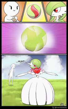 absurdres artist_name blue_sky bob_cut cloud colored_skin dress emphasis_lines gardevoir gen_3_pokemon grass green_hair highres mega_evolution mega_gardevoir mega_pokemon mega_stone nintendo outdoors pokemon pokemon_(creature) red_eyes signature sky smile white_dress white_skin winkyfaces