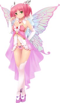 1girl absurdres artist_request blush breasts cleavage fairy fairy_wings full_body green_eyes hair_ornament highres hunie_(series) huniepop kyu_sugardust looking_at_viewer medium_breasts panties pink_hair pink_panties short_twintails smile solo thighhighs transparent_background twintails underwear white_thighhighs wings