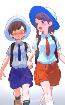 Rule 34 | 1boy, 1girl, blush, braid, breasts, brown eyes, brown hair, closed mouth, collared shirt, commentary request, florian (pokemon), hat, highres, holding, holding hands, jacket, juliana (pokemon), kakk e, long hair, naranja academy (emblem), naranja academy school uniform, necktie, nintendo, open mouth, orange necktie, orange shorts, pokemon, pokemon sv, purple necktie, purple shorts, school uniform, shirt, short hair, short sleeves, shorts, smile, uva academy (emblem), uva academy school uniform, white shirt