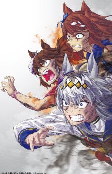 3girls absurdres ahoge animal_ears blue_eyes blue_sailor_collar bracelet braid brown_hair burning clenched_teeth commentary_request dirt dirty dirty_face fire fox_mask gradient_background green_eyes grey_background grey_hair hair_between_eyes highres horse_ears horse_girl inari_one_(inari_yukari_edomurasaki)_(umamusume) inari_one_(umamusume) jewelry kuzumi_taiyou long_hair long_sleeves mask mask_on_head multicolored_hair multiple_girls neckerchief official_art oguri_cap_(starlight_beat)_(umamusume) oguri_cap_(umamusume) open_mouth rain red_neckerchief running sailor_collar super_creek_(murmuring_stream)_(umamusume) super_creek_(umamusume) teeth twintails umamusume umamusume:_cinderella_gray wet white_hair