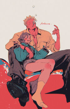 1boy 1girl ^_^ absurdres black_boots black_pants blowing_bubbles boots breast_pocket bubble_wand closed_eyes closed_mouth collared_shirt commentary_request green_shirt grey_background grey_overalls hand_on_another&#039;s_arm highres kabane_(rjev8385) long_sleeves mouth_hold no_shoes oc_x_canon one_piece open_mouth original overalls pants partially_unbuttoned pocket shirt short_hair sitting sitting_on_lap sitting_on_person sleeve_rolled_up smile smoker_(one_piece) socks teeth upper_teeth_only white_hair white_shirt yellow_socks