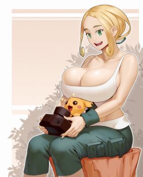 1girl border breasts bush camera capri_pants cleavage gen_2_pokemon green_eyes green_pants holding holding_camera large_breasts materclaws nintendo open_mouth pants parted_bangs pichu pokemon pokemon_xy short_hair sidelocks sitting tank_top tree_stump viola_(pokemon) white_border white_tank_top wristband