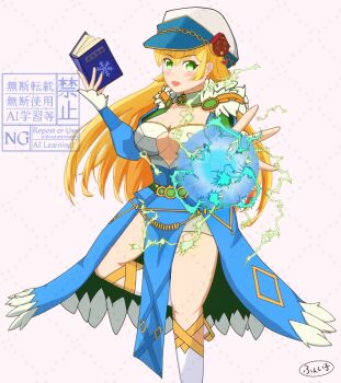 1girl blonde_hair blue_dress blush book breasts brooch chain clock_hat_ornament collar commentary_request detached_collar dress elemental_master_(ragnarok_online) foot_out_of_frame fur-trimmed_dress fur_trim gem green_eyes green_gemstone grey_background hat hat_ornament holding holding_book jewelry large_breasts long_hair looking_at_viewer magic open_mouth pelvic_curtain ragnarok_online rofakeraia smile socks solo standing standing_on_one_leg watermark white_collar white_hat white_socks