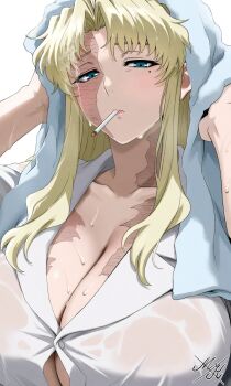 Rule 34 | 1girl, arms up, balalaika (black lagoon), black lagoon, blonde hair, blue eyes, breasts, burn scar, button gap, cigarette, cleavage, closed mouth, commentary request, curtained hair, drying, drying hair, highres, large breasts, long hair, looking at viewer, mole, mole under eye, mukro0922, parted bangs, pink lips, scar, scar on breasts, scar on face, shirt, sidelocks, signature, simple background, smoke, smoking, solo, taut clothes, taut shirt, towel, towel on head, upper body, wet, wet clothes, wet shirt, white background, white shirt