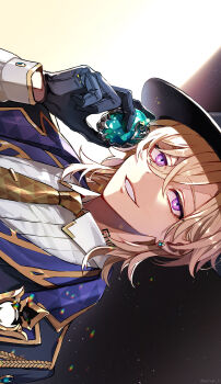 1boy absurdres aiguillette aqua_gemstone artist_name aventurine_(honkai:_star_rail) aventurine_(stoneheart&#039;s_oath_ring)_(honkai:_star_rail) black_coat black_gloves black_hat blonde_hair blue_eyes coat coat_on_shoulders collared_shirt commentary_request crossed_bangs earrings fedora gem glint gloves gold_trim grin hair_between_eyes hand_up hat highres holding holding_gem honkai:_star_rail honkai_(series) jewelry lapels light_particles long_sleeves looking_at_viewer male_focus multicolored_eyes neck_tattoo necktie parted_bangs print_necktie purple_eyes shirt short_hair sideways smile solo tattoo teeth tie_clip triangle_print twitter_username two-tone_eyes upper_body white_shirt wing_collar yellow_necktie yurugi_(yurugi_h)