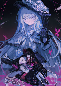 3girls absurdres black_hair black_shoes blue_gemstone bug butterfly buttons carrying carrying_person closed_mouth full_body gem gloves highres insect laoshi_wo_hao_e long_hair looking_at_viewer mahou_shoujo_no_majo_saiban multiple_girls nikaido_hiro pantyhose pink_butterfly sakuraba_ema shoes sitting smile spoilers tsukishiro_yuki very_long_hair white_pantyhose