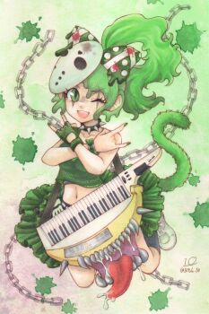 :d ;d \n/ abstract_background bare_shoulders black_collar black_socks bow chain collar commentary_request cropped_tank_top crossed_arms eyelashes facial_tattoo fingerless_gloves fishnet_tank_top gloves green_background green_bow green_gloves green_hair green_skirt green_tank_top grey_tank_top highres hockey_mask instrument io_(maryann_blue) kanon_beryl keytar kneehighs layered_tank_top long_hair mask mask_on_head midriff mimic miniskirt navel one_eye_closed open_mouth polka_dot polka_dot_background saliva shoes show_by_rock!! single_fingerless_glove single_glove skirt smile socks spiked_collar spikes splatter tail tank_top tattoo tongue tongue_out two-tone_background two-tone_bow white_background white_bow white_shoes