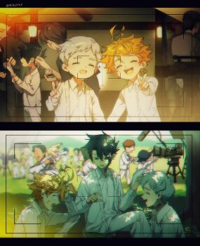 2girls 6+boys black_hair character_request collared_shirt conny_(yakusoku_no_neverland) don_(yakusoku_no_neverland) emma_(yakusoku_no_neverland) gilda_(yakusoku_no_neverland) glasses highres indoors long_sleeves m_m_pb multiple_boys multiple_girls norman_(yakusoku_no_neverland) open_mouth orange_hair outdoors phil_(yakusoku_no_neverland) ray_(yakusoku_no_neverland) script shirt short_hair smile tripod viewfinder white_hair yakusoku_no_neverland