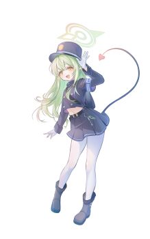 absurdres armband black_tail blue_archive blue_armband buttons commentary demon_tail double-breasted full_body green_hair green_halo gyuromi158 halo hat highres hikari_(blue_archive) long_hair pantyhose peaked_cap pointy_ears symbol-only_commentary tail train_conductor white_background white_pantyhose yellow_eyes