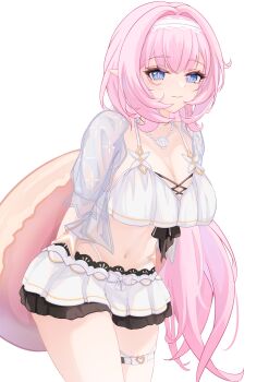 1girl absurdres bikini bikini_skirt blackheart` blue_eyes breasts chinese_commentary cleavage commentary_request cowboy_shot elf elysia_(honkai_impact) elysia_(miss_pink_elf)_(honkai_impact) elysia_(summer_miss_elf)_(honkai_impact) frilled_bikini frills highres honkai_(series) honkai_impact_3rd innertube large_breasts long_hair looking_at_viewer navel ocean official_alternate_costume pink_hair pink_pupils pointy_ears ponytail smile solo swim_ring swimsuit transparent_background white_bikini