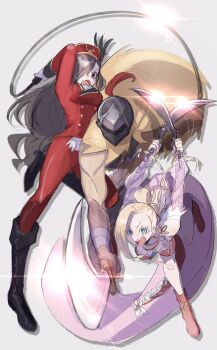 1girl 2boys aldebaran_(re:zero) attack b_c_b_c_b_c bandages black_eyes black_hair blonde_hair blue_eyes boots braid breasts brown_hair cape crossdressing crossdressing_(mtf) dress dual_wielding full_body gloves hair_over_one_eye hat hat_feather helmet highres holding holding_weapon holding_whip long_hair long_sleeves medium_o&#039;connell multiple_boys multiple_girls natsuki_subaru natsumi_schwarz open_mouth pants pink_dress ponytail re:zero_kara_hajimeru_isekai_seikatsu red_pants scythe simple_background weapon whip white_background