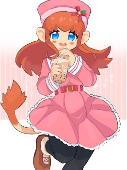 1girl aged_up animal_ears belt belt_buckle black_pantyhose blue_eyes blush_stickers brown_hair brown_shoes bubble_tea buckle commentary dress english_commentary furry furry_female hat highres kaze_no_klonoa kuro_(user_uwrm3742) lace lace-trimmed_dress lace_trim leg_up lolo_(klonoa) long_hair looking_at_viewer monkey_ears monkey_girl monkey_tail pantyhose pink_belt pink_dress pink_hat sailor_collar sailor_dress shoes sidelocks smile solo standing standing_on_one_leg tail