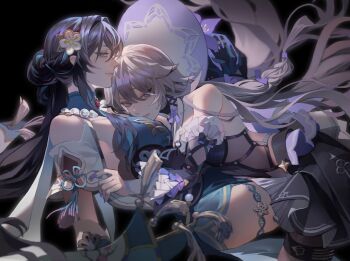 2girls aqua_eyes aqua_streaks bare_shoulders between_breasts black_background black_pantyhose bow breasts brown_hair closed_mouth detached_sleeves dress flower flower_ornament frilled_sleeves frills gem gold_trim hair_flower hair_ornament hair_ribbon hair_spread_out hat head_between_breasts herta_(honkai:_star_rail) high_collar highres honkai:_star_rail honkai_(series) jewelry key key_necklace long_hair looking_at_viewer mandarin_collar multiple_girls mupdoots necklace pantyhose pearl_necklace purple_eyes red_gemstone ribbon ruan_mei_(honkai:_star_rail) see-through_clothes strapless strapless_dress the_herta_(honkai:_star_rail) thigh_strap very_long_hair witch_hat yuri