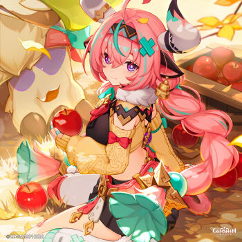 1girl absurdres animal_ears apple aqua_hair aqua_streaks bandaid_on_horn bell bell_earrings braid bright_pupils cow_ears cow_girl cow_horns cow_tail cowbell ear_bell earrings food fruit genshin_impact hairband highres holding holding_food holding_fruit horns jewelry leg_warmers low_twin_braids midriff multicolored_hair multicolored_hairband pink_hair pink_tail purple_eyes tail twin_braids two-tone_hair varesa_(genshin_impact) white_horns white_leg_warmers white_pupils yellow_sleeves