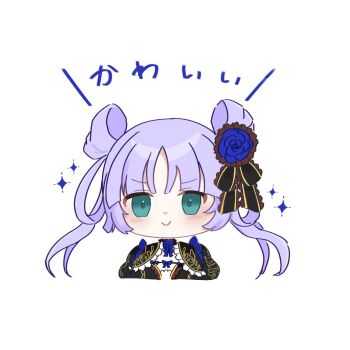 &gt;:) 1girl aqua_eyes arms_at_sides assault_lily banshouya_ena black_jacket black_ribbon blue_bow blue_bowtie blue_flower blue_rose blush bow bowtie chibi closed_mouth commentary_request cropped_arms cropped_torso double_bun flower frilled_jacket frills hair_bun hair_flower hair_ornament highres jacket long_hair neck_flower official_alternate_costume official_alternate_hairstyle purple_hair ribbon rose simple_background smile smug solo sparkle translated upper_body v-shaped_eyebrows vidro_(vidro_094) white_background