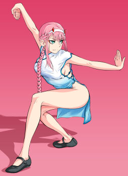 1girl albyee alternate_costume arm_up bare_legs black_shoes blue_dress braid breasts china_dress chinese_clothes closed_mouth commentary darling_in_the_franxx dress english_commentary eyeshadow full_body gradient_background green_eyes hairband horns long_hair looking_to_the_side makeup martial_arts medium_breasts no_panties outstretched_arms pink_background pink_hair red_eyeshadow red_horns shoes side_slit simple_background solo thighs twin_braids v-shaped_eyebrows very_long_hair white_hairband zero_two_(darling_in_the_franxx)