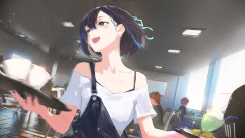 :d blue_nails blue_streaks blue_suspenders brown_hair cafe ceiling_light ceres_fauna chair coffee_mug cohi27151463 cup food glass glint grey_eyes hair_ribbon highres holding holding_tray hololive hololive_english indie_virtual_youtuber indoors kiryu_coco light_blush light_particles looking_to_the_side minato_aqua mole mole_under_eye motion_blur mug multicolored_hair nanashi_mumei off-shoulder_shirt off_shoulder open_mouth parted_bangs ribbon shirt short_hair smile solo_focus streaked_hair suspenders suspenders_slip table teeth tray upper_body upper_teeth_only virtual_youtuber white_shirt yubari_rei