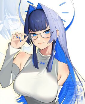 1girl absurdres black-framed_eyewear blue_hair blue_nails breasts colored_inner_hair commentary glasses halo highres hololive hololive_english large_breasts long_hair looking_at_viewer multicolored_hair nail_polish official_alternate_costume ouro_kronii ouro_kronii_(casual) shirt solo symbol-only_commentary very_long_hair virtual_youtuber white_shirt zmeinir