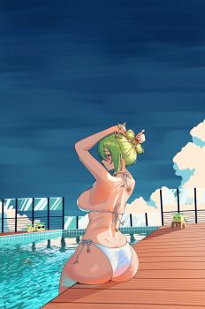 Rule 34 | 1girl, alternate costume, ass, bikini, blue sky, branch, ceres fauna, closed mouth, cloud, commentary, english commentary, flower, from behind, ginotty, glass, green hair, hair branch, hair bun, hair flower, hair ornament, highres, hololive, hololive english, horns, looking at viewer, patreon username, pool, poolside, sitting, sky, smile, soaking feet, solo, swimsuit, tile floor, tiles, tree horns, virtual youtuber, water, wet, white bikini, yellow eyes