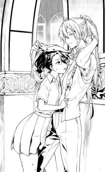 1boy 1girl against_wall arch arms_up assisted_coverage belt belt_buckle black_belt black_hair braid buckle buttons collar collarbone collared_shirt commentary commentary_request covering_with_clothes dress_shirt ensemble_stars! fang fingernails genderswap genderswap_(mtf) grabbing hair_between_eyes hands_up hetero hibiki_wataru jacket jacket_on_shoulders leg_between_thighs long_hair looking_to_the_side medium_hair miniskirt momoico monochrome necktie nervous open_clothes pants parted_lips pillar pleated_skirt pocket ponytail protecting rain sakuma_rei_(ensemble_stars!) school_uniform shirt side_ponytail skin_fang skirt standing sweatdrop swept_bangs translation_request unfinished vest water_drop wavy_mouth wet white_shirt window