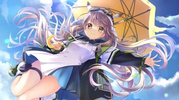 >:) 1girl anemoi backlighting black_jacket blue_dress blue_sky blush breasts brown_hair closed_mouth cloud commentary_request day dress dutch_angle eyelashes fingernails floating_hair foot_out_of_frame from_below fusaba_aino game_cg goggles goggles_on_head hair_between_eyes highres holding holding_umbrella jacket kimishima_ao knees_together_feet_apart long_hair long_sleeves looking_at_viewer official_art open_clothes open_jacket outdoors outstretched_arm outstretched_hand promotional_art short_dress sidelocks sky small_breasts smile smug solo sunlight thighs two-tone_dress umbrella under_umbrella upskirt v-shaped_eyebrows very_long_hair white_dress yellow_umbrella zipper