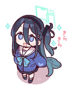 1girl :d aris_(blue_archive) black_hair black_shoes black_skirt blue_archive blue_bow blue_bowtie blue_cardigan blue_eyes blush bow bowtie cardigan chibi chibi_only commentary double-parted_bangs full_body green_halo hair_between_eyes halo long_hair long_hair_between_eyes long_sleeves one_side_up open_mouth rectangular_halo sailor_collar school_uniform serafuku shoes simple_background skirt smile solo sparkle standing white_background white_sailor_collar yoru_nai