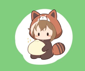 1girl blush border brown_hair cheval_grand_(umamusume) chibi chibi_only commentary_request food full_body gomashio_(goma_feet) green_border multicolored_hair no_mouth outside_border red_panda_costume round_border short_hair sitting solo sparkle steamed_bun two-tone_hair umamusume white_background white_hair |_|