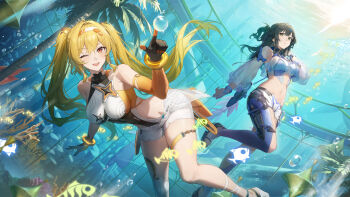 2girls absurdres artist_request black_gloves blonde_hair breasts brown_eyes bubble coral fenny_golden fish gloves green_eyes hair_ornament highres multiple_girls navel official_art one_eye_closed open_mouth shoes short_shorts shorts siris_(snowbreak) smile snowbreak:_containment_zone stomach twintails underwater white_shoes white_shorts