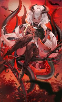 1girl bat_(animal) black_bodysuit black_boots black_horns bodysuit boots breasts claws colored_skin commentary demon_girl demon_horns duet_night_abyss grey_skin guest_art hair_between_eyes highres horns long_hair looking_at_viewer low_twintails multicolored_bodysuit narrowed_eyes open_mouth parted_bangs red_eyes single_bare_shoulder small_breasts smile solo sword tabethe_(duet_night_abyss) teeth tentacles twintails very_long_hair weapon white_bodysuit white_hair y_o_u_k_a