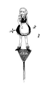 Rule 34 | 1girl, absurdres, apron, braid, closed mouth, collared shirt, commentary request, dress, floating, floating object, floating weapon, frilled dress, frills, full body, greyscale, highres, izayoi sakuya, knife, long hair, long sleeves, maid, maid headdress, monochrome, pinafore dress, road sign, shirt, shoes, sign, sleeveless, sleeveless dress, socks, solo, stop sign, super-flat-world, touhou, translation request, twin braids, waist apron