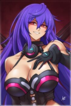 1girl absurdres airisubaka bare_shoulders black_gloves black_leotard breasts cleavage elbow_gloves evil_grin evil_smile gloves grin hand_on_own_chest hand_up highres iris_heart_(neptunia) kami_jigen_game_neptune_v large_breasts leotard long_hair looking_at_viewer neptune_(series) pink_eyes power_symbol purple_hair shaded_face smile solo symbol-shaped_pupils upper_body very_long_hair wings