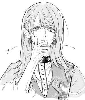 1girl bang_dream! bang_dream!_it&#039;s_mygo!!!!! capelet commentary_request earrings greyscale highres jewelry long_hair monochrome okada_mei open_mouth photo-referenced simple_background solo timoris_(bang_dream!) upper_body white_background yahata_umiri youshuki