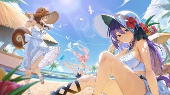 Rule 34 | 3girls, absurdres, airani iofifteen, airani iofifteen (holonatsu paradise), animal ears, area 15, ayunda risu, ayunda risu (holonatsu paradise), barefoot, bead bracelet, beads, bikini, bird, bracelet, breasts, brown hair, camus (luthfancamus), denim, denim shorts, dress, falling, feet, flower, green eyes, hat, hat flower, highres, hololive, hololive indonesia, jewelry, large breasts, long hair, moona hoshinova, moona hoshinova (holonatsu paradise), multiple girls, pink hair, purple eyes, purple hair, sandals, seagull, shoe soles, shorts, sitting, soles, squirrel ears, squirrel tail, straw hat, summer, sun hat, sundress, sunglasses, swimsuit, tail, toes, virtual youtuber, wavy mouth, white bikini