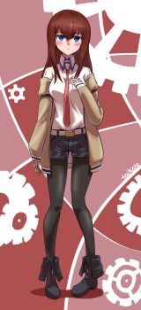 1girl blush brown_hair brown_jacket closed_mouth commentary_request full_body gears highres jacket jacket_partially_removed leather_belt long_hair long_sleeves looking_at_viewer makise_kurisu necktie pantyhose pantyhose_under_shorts purple_trim red_necktie sadarann science_adventure shirt shorts smile solo steins;gate