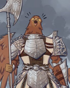 1boy armor beak bird_boy breastplate commentary cowboy_shot elden_ring elden_ring_nightreign english_commentary faulds furry furry_male guardian_(elden_ring) highres holding holding_polearm holding_weapon knight looking_at_viewer male_focus marmarta open_mouth pauldrons polearm shoulder_armor solo surprised weapon wide-eyed wings yellow_eyes