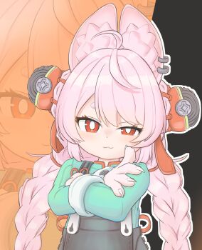 1girl ahoge animal_ear_fluff animal_ear_piercing animal_ears braid bright_pupils commentary_request furry furry_female hair_ornament highres kensan_tumuo long_hair looking_at_viewer pink_fur pink_hair rabbit_ears rabbit_girl red_eyes shirt short_eyebrows solo thick_eyebrows twin_braids white_pupils zenless_zone_zero zhao_(zenless_zone_zero)