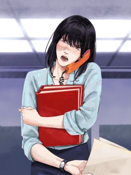 Rule 34 | 1girl, black hair, blue shirt, commentary, corded phone, cowboy shot, dress shirt, english commentary, facial scar, head tilt, highres, holding, indoors, iori utahime, jujutsu kaisen, medium hair, office, office lady, phone, red eyes, scar, scar on cheek, scar on face, scar on nose, serious, shirt, talking on phone, watch, wristwatch