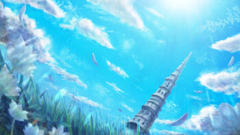 blue_sky commentary_request day fantasy flower grass highres mame_yuduru no_humans original outdoors scenery sky tower white_flower