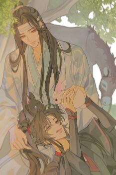 2boys absurdres animal bishounen black_hair black_hanfu black_rabbit_(animal) blue_eyes brown_hair chinese_clothes closed_mouth couple donkey grass haed_u hanfu headband highres holding holding_animal holding_rabbit korean_commentary lan_wangji lap_pillow leaf licking_lips long_hair long_sleeves looking_at_animal looking_at_another lying male_focus modao_zushi multiple_boys on_back outdoors petting ponytail rabbit robe sidelocks sitting sleeves_past_wrists smile tongue tongue_out topknot tree upper_body wei_wuxian white_hanfu white_headband white_rabbit_(animal) wide_sleeves xiao_guan_(headdress) yaoi yellow_eyes