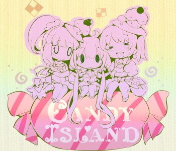 Rule 34 | 0 0, 3girls, = =, ahoge, bare legs, bow, bowtie, candy, candy island (idolmaster), cherry, chibi, cupcake, detached sleeves, dress, earrings, food, food-themed hair ornament, fruit, futaba anzu, gradient background, green background, group name, hair bobbles, hair bow, hair ornament, hair over shoulder, happy, idolmaster, idolmaster cinderella girls, jewelry, long hair, long sleeves, low twintails, medium dress, mimura kanako, multiple girls, ogata chieri, on food, open mouth, outline, oversized food, oversized object, puffy short sleeves, puffy sleeves, purple outline, purple theme, shoes, short sleeves, short twintails, sitting, smile, solid oval eyes, sphere earrings, strawberry, teeth, twintails, upper teeth only, usoneko, very long hair, wrist cuffs, yellow background