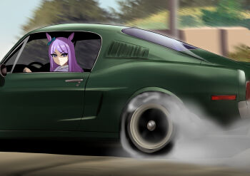 animal_ears bullitt burnout car commentary driving english_commentary ford ford_mustang ford_mustang_(1st_generation) green_car highres horse_ears horse_girl looking_back manziqr mejiro_mcqueen_(umamusume) motor_vehicle movie_reference outdoors pink_eyes pink_hair school_uniform smoke sports_car steve_mcqueen tracen_school_uniform umamusume