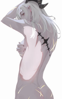 Rule 34 | 1girl, absurdres, ass, breasts, commentary, covering breasts, covering privates, curved horns, earrings, fingernails, glowing scar, goat horns, highres, horns, jewelry, large breasts, long fingernails, long hair, looking at viewer, mole, mole under eye, nude, red eyes, scar, simple background, single bare shoulder, solo, tacet mark (wuthering waves), white background, white hair, wuthering waves, zani (wuthering waves), zhazero7