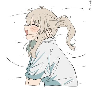 1girl absurdres blush closed_eyes commentary girls_band_cry grey_hair hashtag-only_commentary highres kawaragi_momoka lone_nape_hair long_hair open_mouth ponytail shirt solo sweatdrop weabooz white_shirt