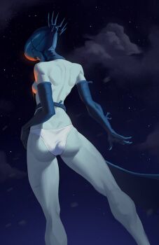 1girl andrei_(shidanasu) apron ass backboob black_apron black_gloves bomb bomb_devil_(chainsaw_man) breasts chainsaw_man cloud commentary elbow_gloves english_commentary explosive gloves highres night outdoors panties reze_(chainsaw_man) sky small_breasts solo standing underwear white_panties