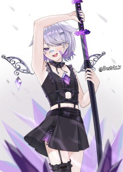 1girl animal_ears arm_up armpits artist_name bandaid bandaid_on_cheek bandaid_on_face bandaid_on_nose belt bestrix black_belt black_choker black_ribbon black_skirt black_thighhighs blush buckle chest_harness chest_jewel choker colored_inner_hair commentary cowboy_shot detached_wings dress english_commentary frilled_choker frills gem hand_jewel harness highres hololive hololive_english jewel_under_eye katana koseki_bijou koseki_bijou_(casual) looking_at_viewer metal_wings multicolored_hair navel official_alternate_costume official_alternate_hairstyle open_mouth pink_hair purple_eyes purple_gemstone purple_hair purple_nails ribbon sheath shirt short_hair simple_background single_thighhigh skirt smile snap-fit_buckle solo stomach sword teeth thighhighs thighs tomato_(sword) unsheathing upper_teeth_only virtual_youtuber weapon white_background wings zipper zipper_pull_tab